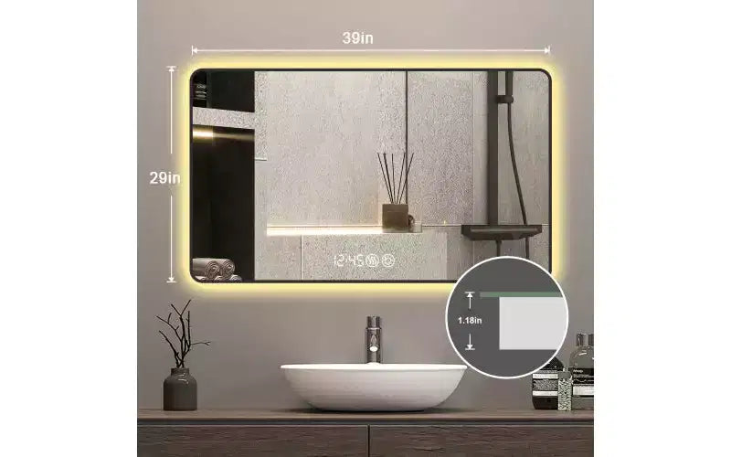 Miroir de salle de bain mural Okak avec coins arrondis, miroir de courtoisie anti-buée avec affichage de la température, miroir mural pour salle de bain