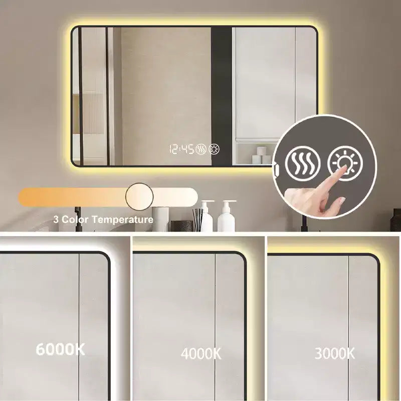 Miroir de salle de bain mural Okak avec coins arrondis, miroir de courtoisie anti-buée avec affichage de la température, miroir mural pour salle de bain