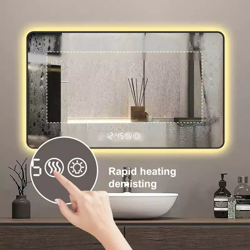 Miroir de salle de bain mural Okak avec coins arrondis, miroir de courtoisie anti-buée avec affichage de la température, miroir mural pour salle de bain