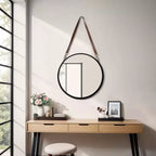 Round Wall Mirror with Hanging Strap - Metal Frame, Faux Leather Strap, Modern Home Decor for Bedroom, Living Room, Office - 3 Black