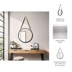 Miroir mural rond avec sangle de suspension - Cadre en métal, sangle en similicuir, décoration intérieure moderne pour chambre, salon, bureau - 3 couleurs : noir
