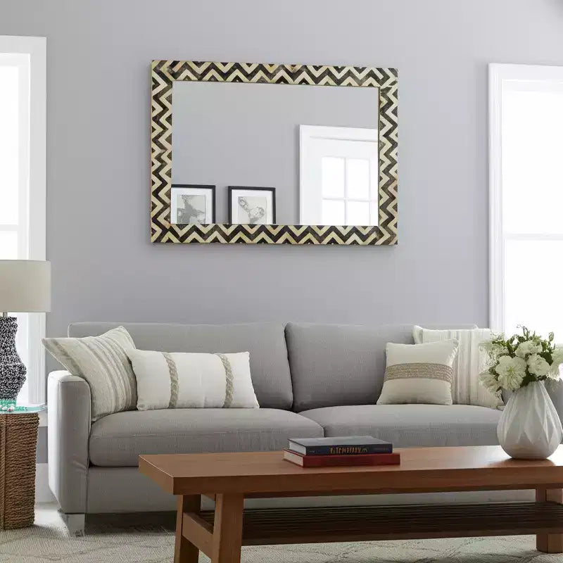 Miroir Mural Résine Bois Verre Cadre Moderne Chevron 24x1x36 Pouces Gris Blanc Accent Décoratif pour Maison Bureau Chambre Salon