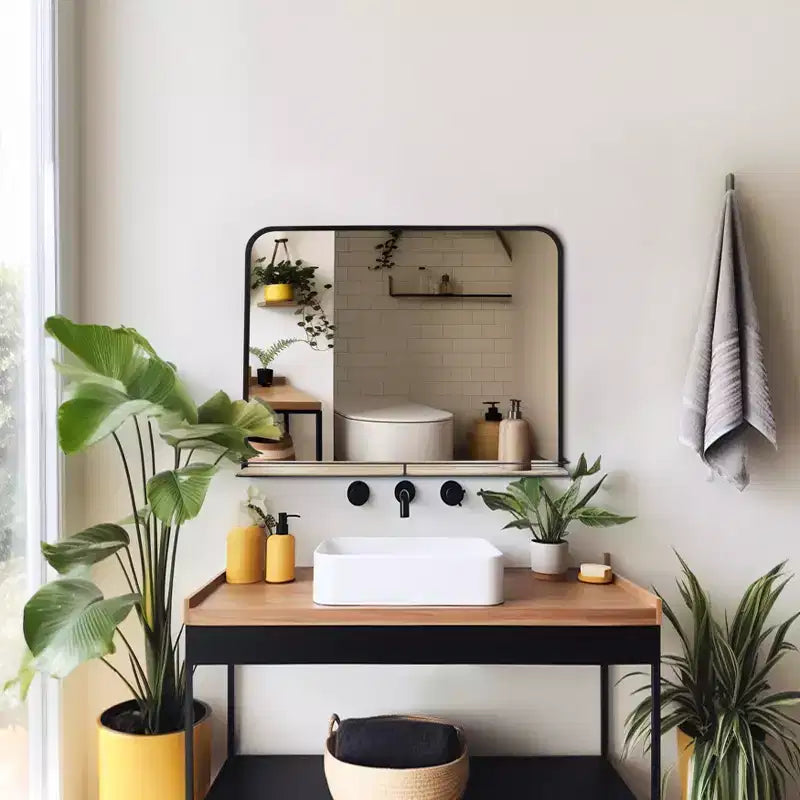 Metal & Glass Mirror with Mango Wood Shelf - Modern Rectangular Wall Mirror for Bathroom, Bedroom, Living Room, or Office