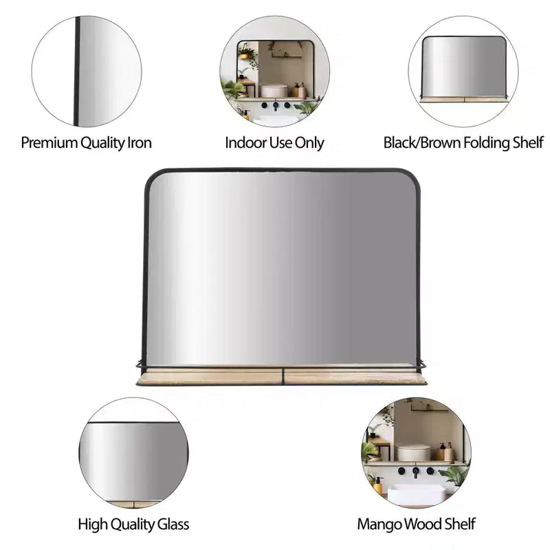 Miroir en métal et verre avec étagère en bois de manguier - Miroir mural rectangulaire moderne pour salle de bain, chambre, salon ou bureau