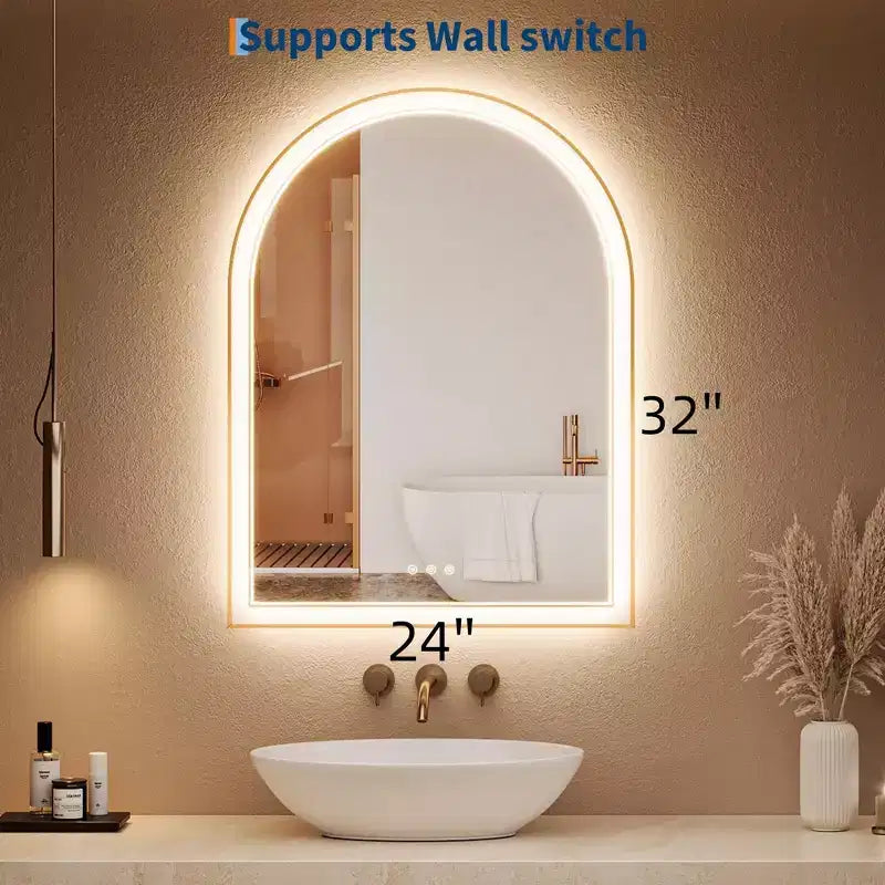 Miroir de salle de bain arqué GustoWave Gold, miroir de courtoisie avec lumières LED, surface anti-buée, 3 températures de couleur