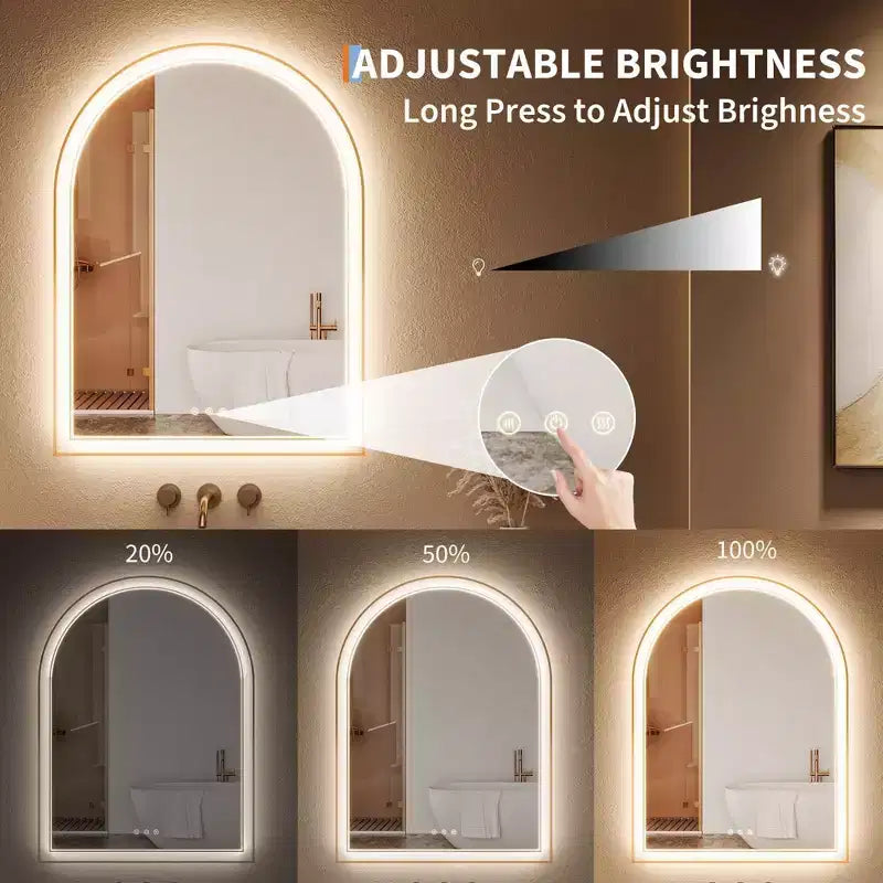 Miroir de salle de bain arqué GustoWave Gold, miroir de courtoisie avec lumières LED, surface anti-buée, 3 températures de couleur