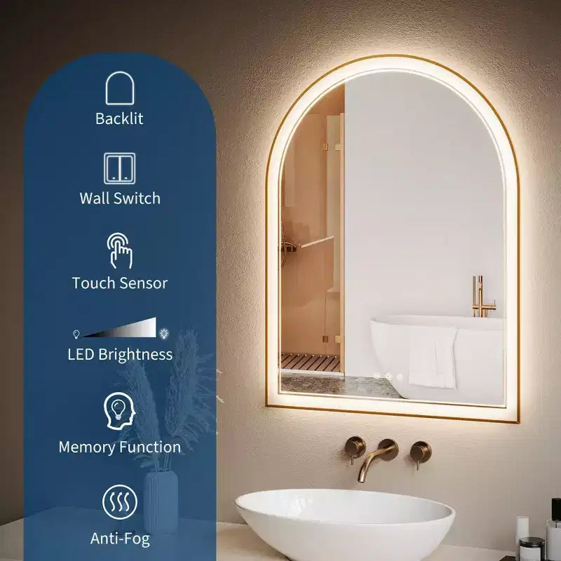 Miroir de salle de bain arqué GustoWave Gold, miroir de courtoisie avec lumières LED, surface anti-buée, 3 températures de couleur