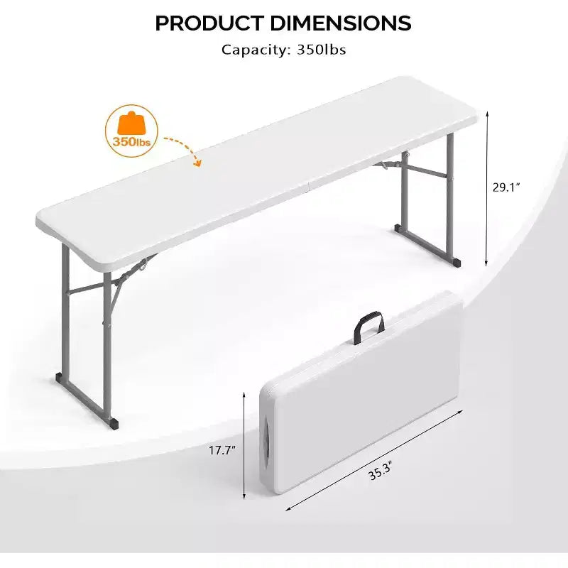 VINGLI Table Pliante Étroite 183 cm, Plateau Pliant en Deux, Matériau HDPE de Qualité Supérieure et Cadre Métallique Robuste, Blanc