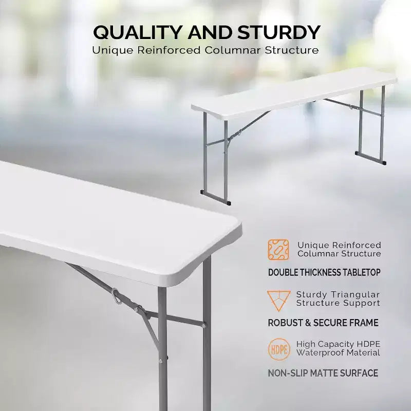 VINGLI Table Pliante Étroite 183 cm, Plateau Pliant en Deux, Matériau HDPE de Qualité Supérieure et Cadre Métallique Robuste, Blanc