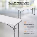 VINGLI Table Pliante Étroite 183 cm, Plateau Pliant en Deux, Matériau HDPE de Qualité Supérieure et Cadre Métallique Robuste, Blanc