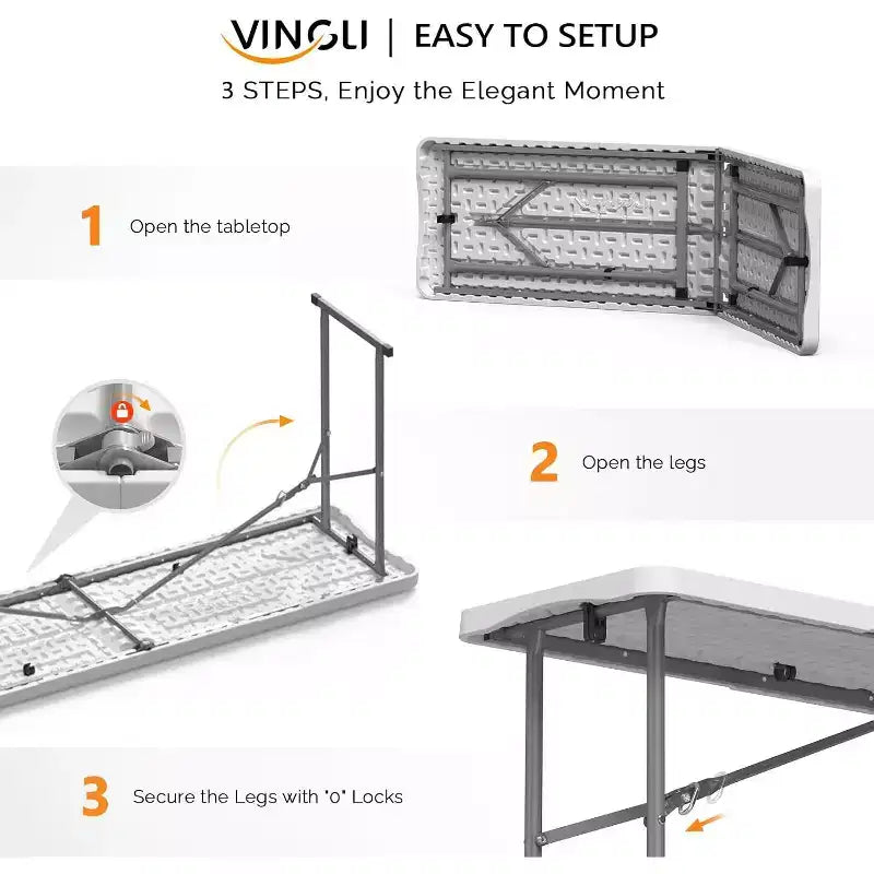 VINGLI Table Pliante Étroite 183 cm, Plateau Pliant en Deux, Matériau HDPE de Qualité Supérieure et Cadre Métallique Robuste, Blanc