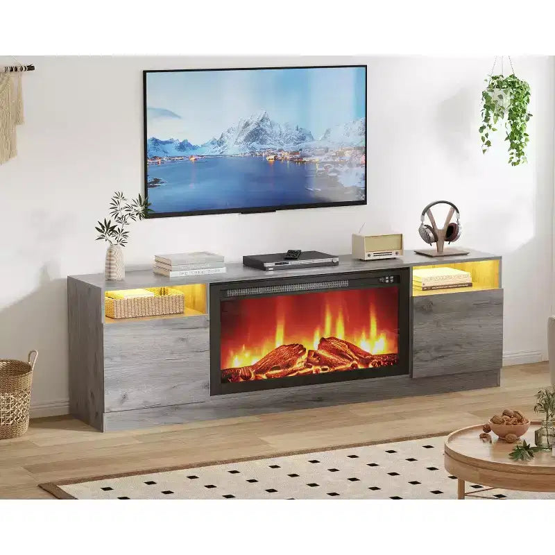 Meuble TV moderne avec rangement jusqu'à 75", noir, pour salon (foyer non inclus)