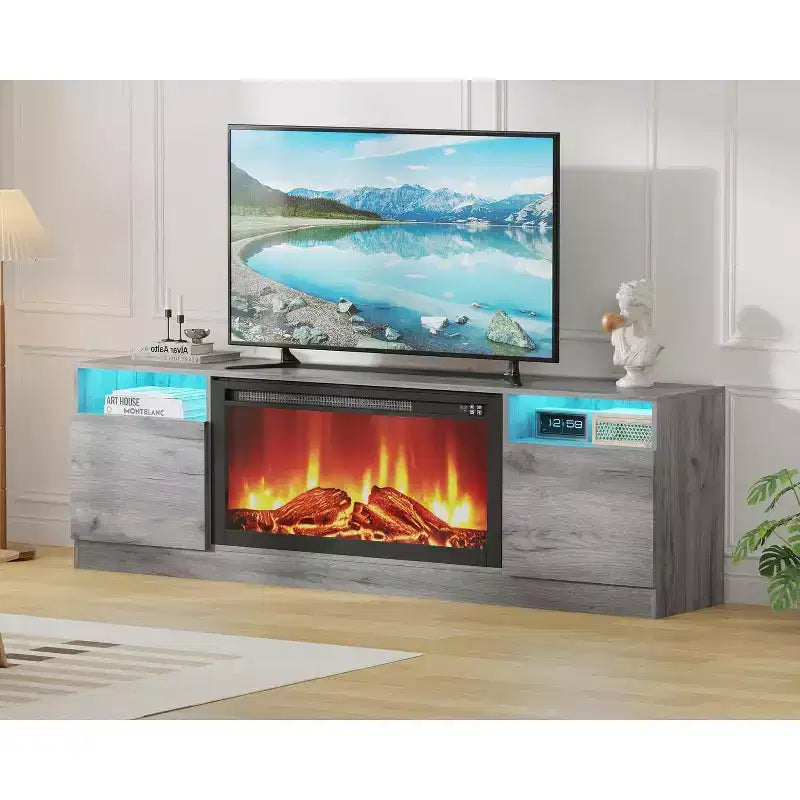 Meuble TV moderne avec rangement jusqu'à 75", noir, pour salon (foyer non inclus)