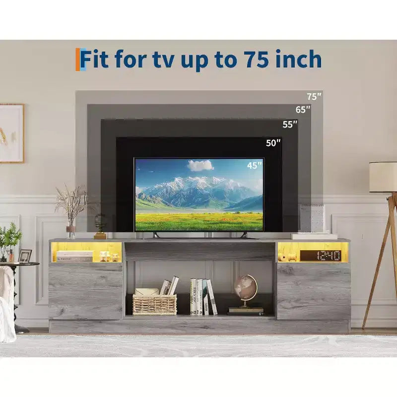 Meuble TV moderne avec rangement jusqu'à 75", noir, pour salon (foyer non inclus)