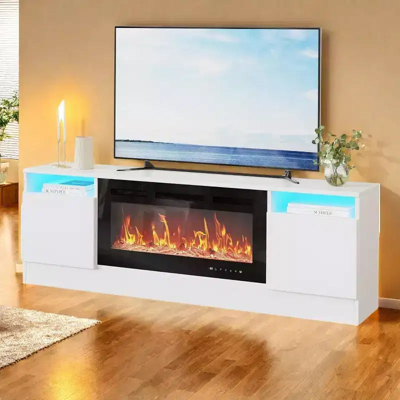 Meuble TV moderne avec rangement jusqu'à 75", noir, pour salon (foyer non inclus)