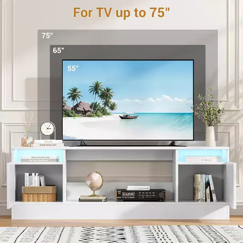 Meuble TV moderne avec rangement jusqu'à 75", noir, pour salon (foyer non inclus)