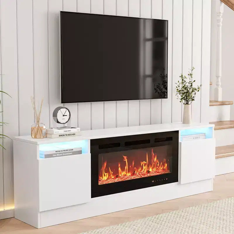 Meuble TV moderne avec rangement jusqu'à 75", noir, pour salon (foyer non inclus)