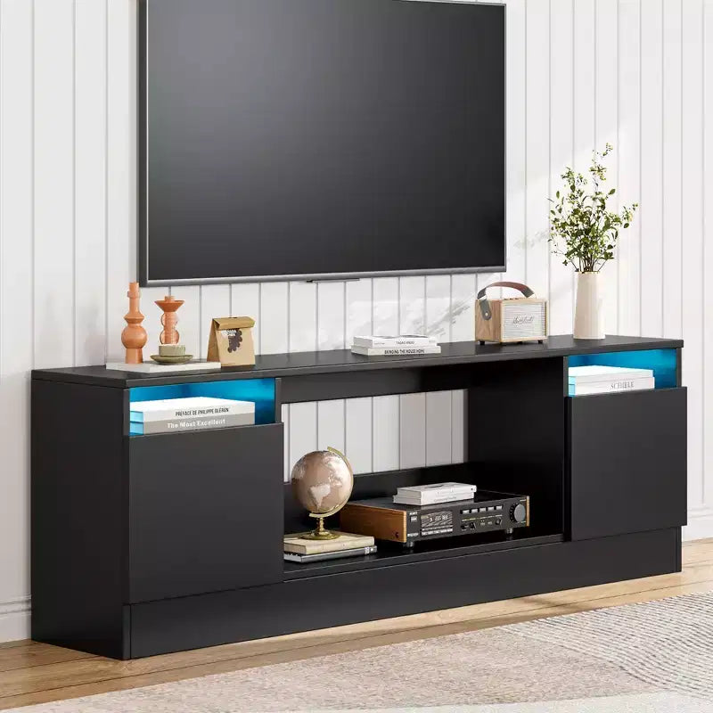 Meuble TV moderne avec rangement jusqu'à 75", noir, pour salon (foyer non inclus)