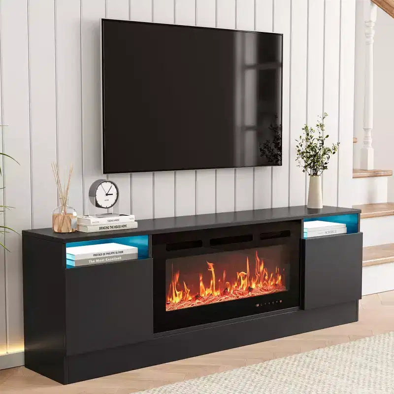 Meuble TV moderne avec rangement jusqu'à 75", noir, pour salon (foyer non inclus)