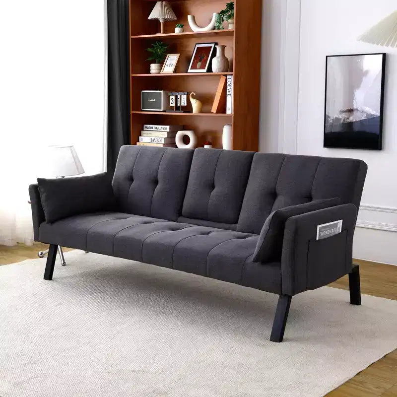 MAYEERTY Canapé-Lit Multifonctionnel en Coton de 70 Pouces avec Porte-Gobelet et Rangement Latéral pour Salon Chambre Noir