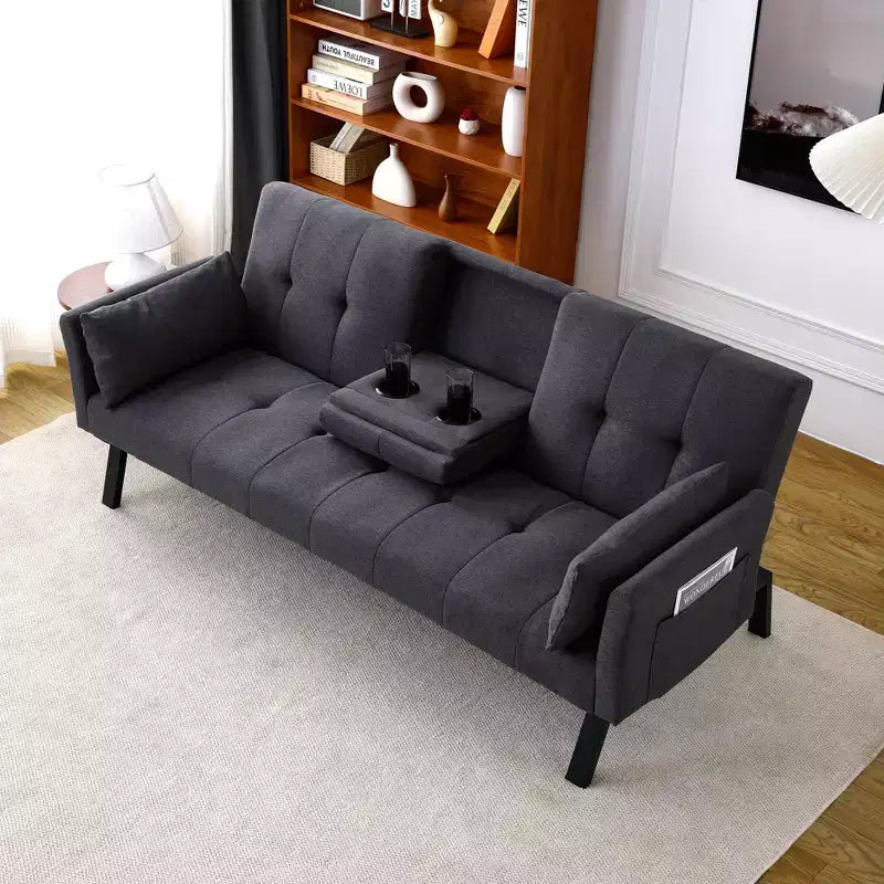 MAYEERTY Canapé-Lit Multifonctionnel en Coton de 70 Pouces avec Porte-Gobelet et Rangement Latéral pour Salon Chambre Noir
