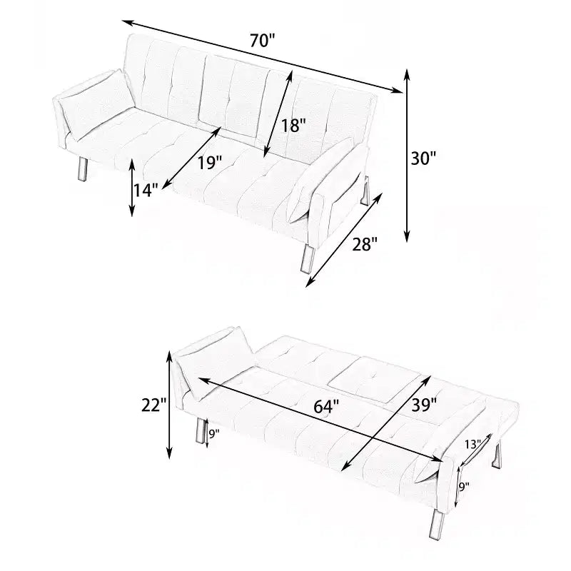 MAYEERTY Canapé-Lit Multifonctionnel en Coton de 70 Pouces avec Porte-Gobelet et Rangement Latéral pour Salon Chambre Noir