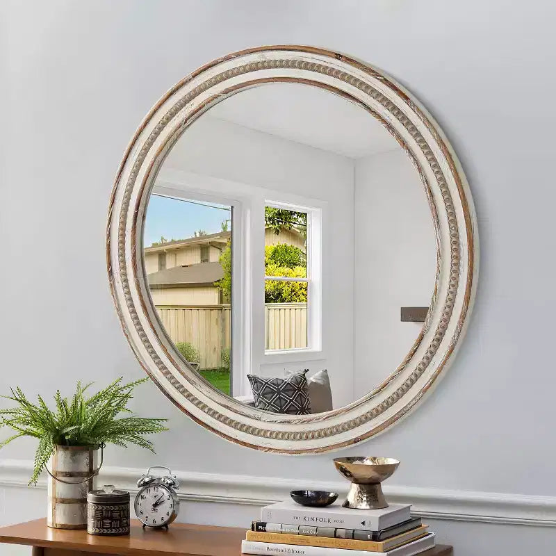 Miroir mural rond décoratif en bois GDFStudio Cruz Farmhouse avec perles