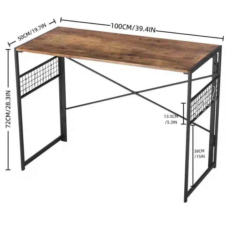 FurnitureR Bureau pliant, table d'étude et d'écriture peu encombrante de 100 cm, bureau d'ordinateur avec 8 crochets de rangement pour chambre, bureau à domicile, dortoir, marron