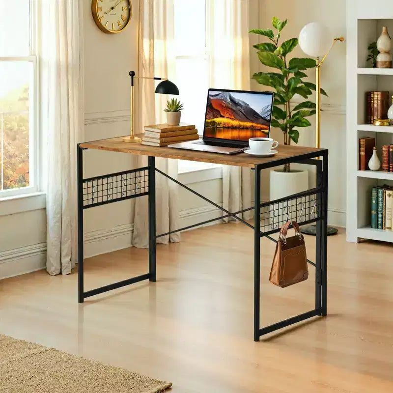 FurnitureR Bureau pliant, table d'étude et d'écriture peu encombrante de 100 cm, bureau d'ordinateur avec 8 crochets de rangement pour chambre, bureau à domicile, dortoir, marron