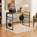 FurnitureR Bureau pliant, table d'étude et d'écriture peu encombrante de 100 cm, bureau d'ordinateur avec 8 crochets de rangement pour chambre, bureau à domicile, dortoir, marron