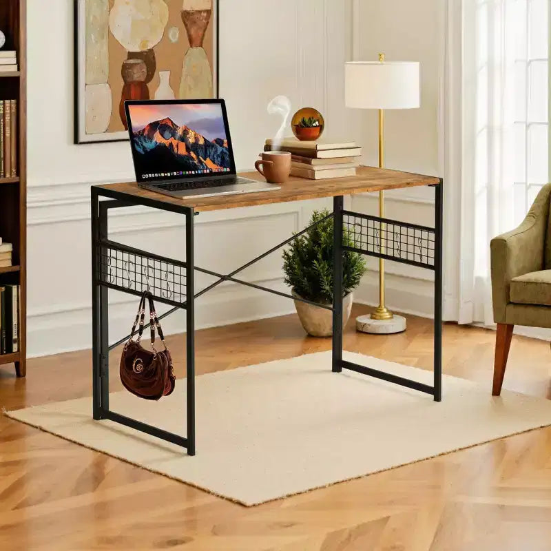FurnitureR Bureau pliant, table d'étude et d'écriture peu encombrante de 100 cm, bureau d'ordinateur avec 8 crochets de rangement pour chambre, bureau à domicile, dortoir, marron