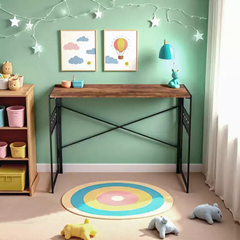 FurnitureR Bureau pliant, table d'étude et d'écriture peu encombrante de 100 cm, bureau d'ordinateur avec 8 crochets de rangement pour chambre, bureau à domicile, dortoir, marron