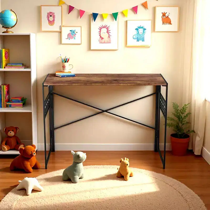 FurnitureR Bureau pliant, table d'étude et d'écriture peu encombrante de 100 cm, bureau d'ordinateur avec 8 crochets de rangement pour chambre, bureau à domicile, dortoir, marron