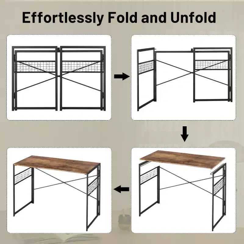 FurnitureR Bureau pliant, table d'étude et d'écriture peu encombrante de 100 cm, bureau d'ordinateur avec 8 crochets de rangement pour chambre, bureau à domicile, dortoir, marron