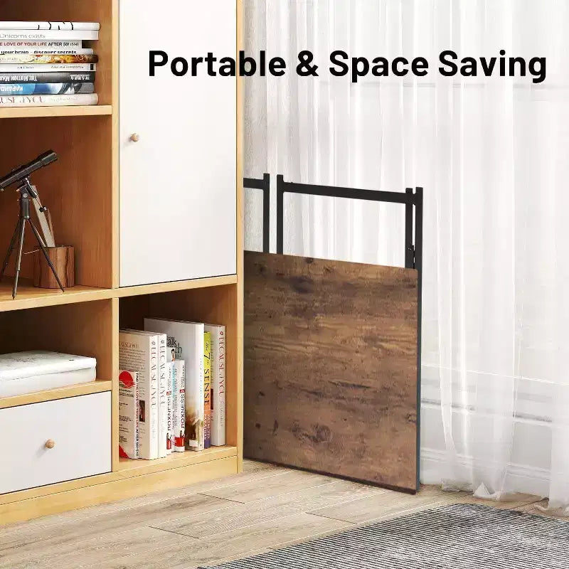 FurnitureR Bureau pliant, table d'étude et d'écriture peu encombrante de 100 cm, bureau d'ordinateur avec 8 crochets de rangement pour chambre, bureau à domicile, dortoir, marron