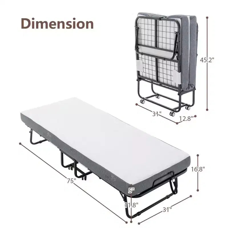 Lit pliant avec matelas, lit pliant portable avec matelas en mousse à mémoire de forme et cadre en métal, lit d'appoint roulant sur roulettes avec pochette de rangement latérale