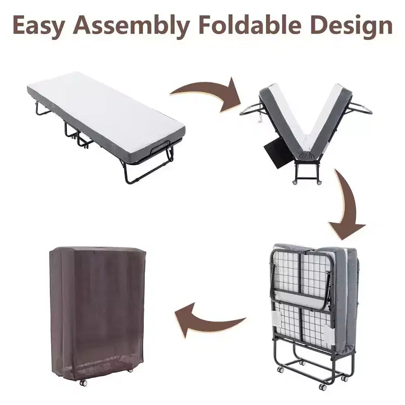 Lit pliant avec matelas, lit pliant portable avec matelas en mousse à mémoire de forme et cadre en métal, lit d'appoint roulant sur roulettes avec pochette de rangement latérale