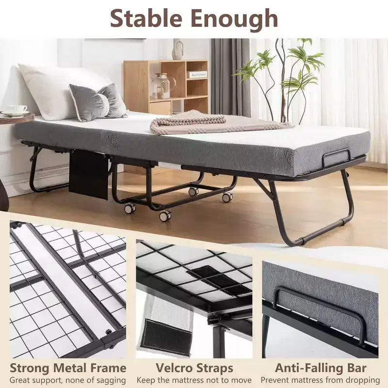 Lit pliant avec matelas, lit pliant portable avec matelas en mousse à mémoire de forme et cadre en métal, lit d'appoint roulant sur roulettes avec pochette de rangement latérale