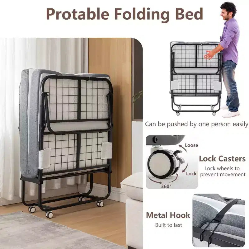 Lit pliant avec matelas, lit pliant portable avec matelas en mousse à mémoire de forme et cadre en métal, lit d'appoint roulant sur roulettes avec pochette de rangement latérale
