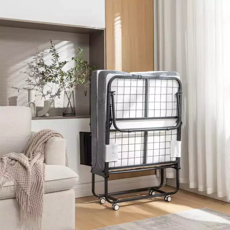Lit pliant avec matelas, lit pliant portable avec matelas en mousse à mémoire de forme et cadre en métal, lit d'appoint roulant sur roulettes avec pochette de rangement latérale