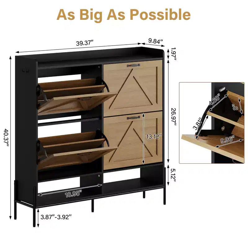 Meuble à chaussures avec 4 tiroirs basculants, meuble de rangement pour chaussures dissimulé et autonome avec rangement ouvert, meuble à chaussures fin pour couloir ou salon