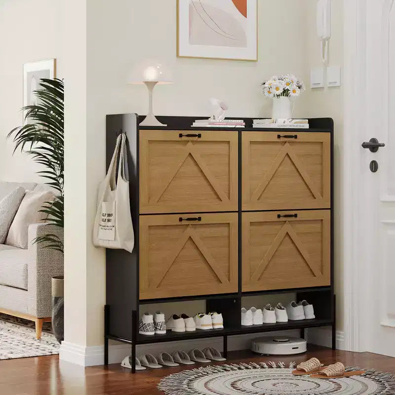 Meuble à chaussures avec 4 tiroirs basculants, meuble de rangement pour chaussures dissimulé et autonome avec rangement ouvert, meuble à chaussures fin pour couloir ou salon