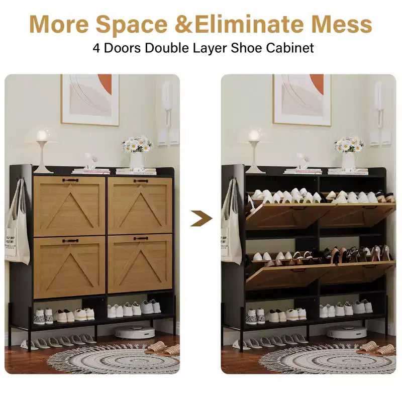 Meuble à chaussures avec 4 tiroirs basculants, meuble de rangement pour chaussures dissimulé et autonome avec rangement ouvert, meuble à chaussures fin pour couloir ou salon
