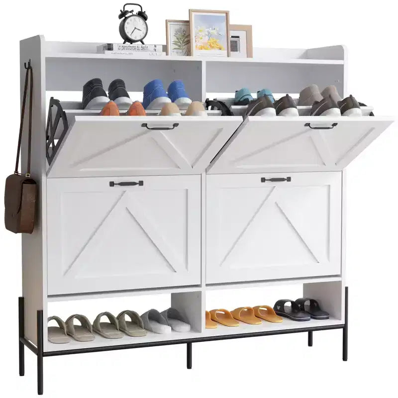 Meuble à chaussures avec 4 tiroirs basculants, meuble de rangement pour chaussures dissimulé et autonome avec rangement ouvert, meuble à chaussures fin pour couloir ou salon