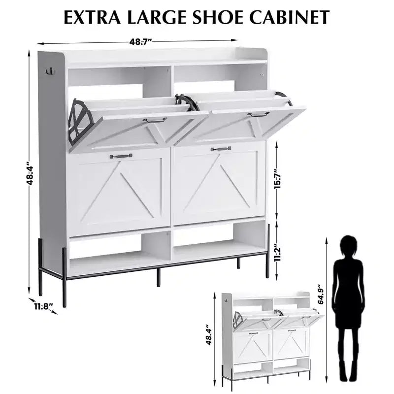 Meuble à chaussures avec 4 tiroirs basculants, meuble de rangement pour chaussures dissimulé et autonome avec rangement ouvert, meuble à chaussures fin pour couloir ou salon