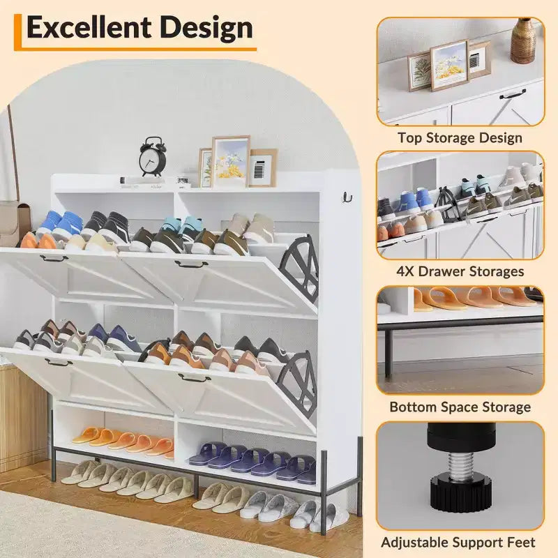 Meuble à chaussures avec 4 tiroirs basculants, meuble de rangement pour chaussures dissimulé et autonome avec rangement ouvert, meuble à chaussures fin pour couloir ou salon