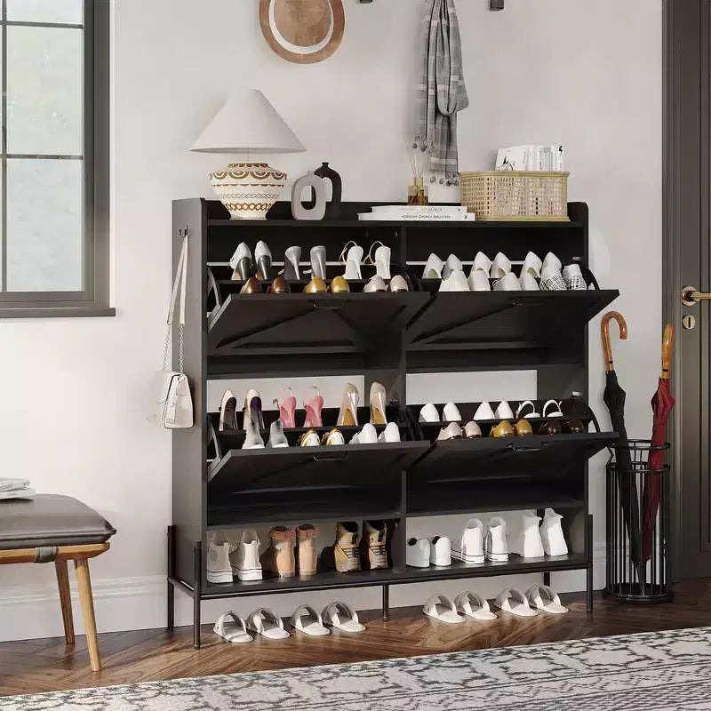 Meuble à chaussures avec 4 tiroirs basculants, meuble de rangement pour chaussures dissimulé et autonome avec rangement ouvert, meuble à chaussures fin pour couloir ou salon