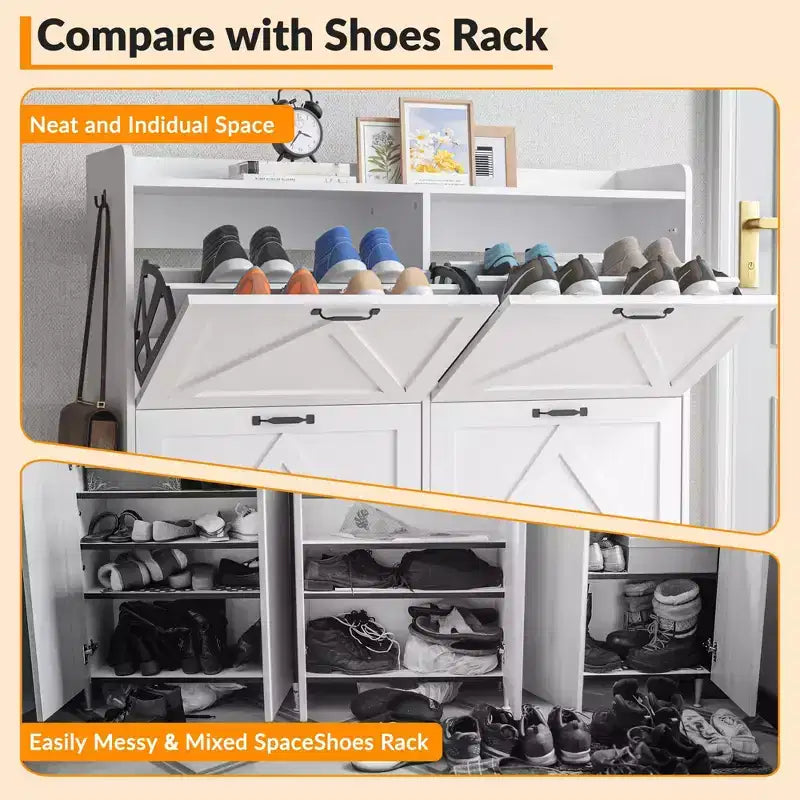 Meuble à chaussures avec 4 tiroirs basculants, meuble de rangement pour chaussures dissimulé et autonome avec rangement ouvert, meuble à chaussures fin pour couloir ou salon