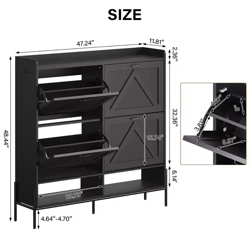 Meuble à chaussures avec 4 tiroirs basculants, meuble de rangement pour chaussures dissimulé et autonome avec rangement ouvert, meuble à chaussures fin pour couloir ou salon