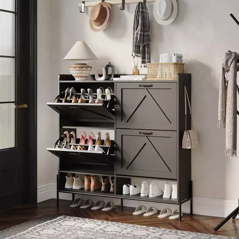 Meuble à chaussures avec 4 tiroirs basculants, meuble de rangement pour chaussures dissimulé et autonome avec rangement ouvert, meuble à chaussures fin pour couloir ou salon
